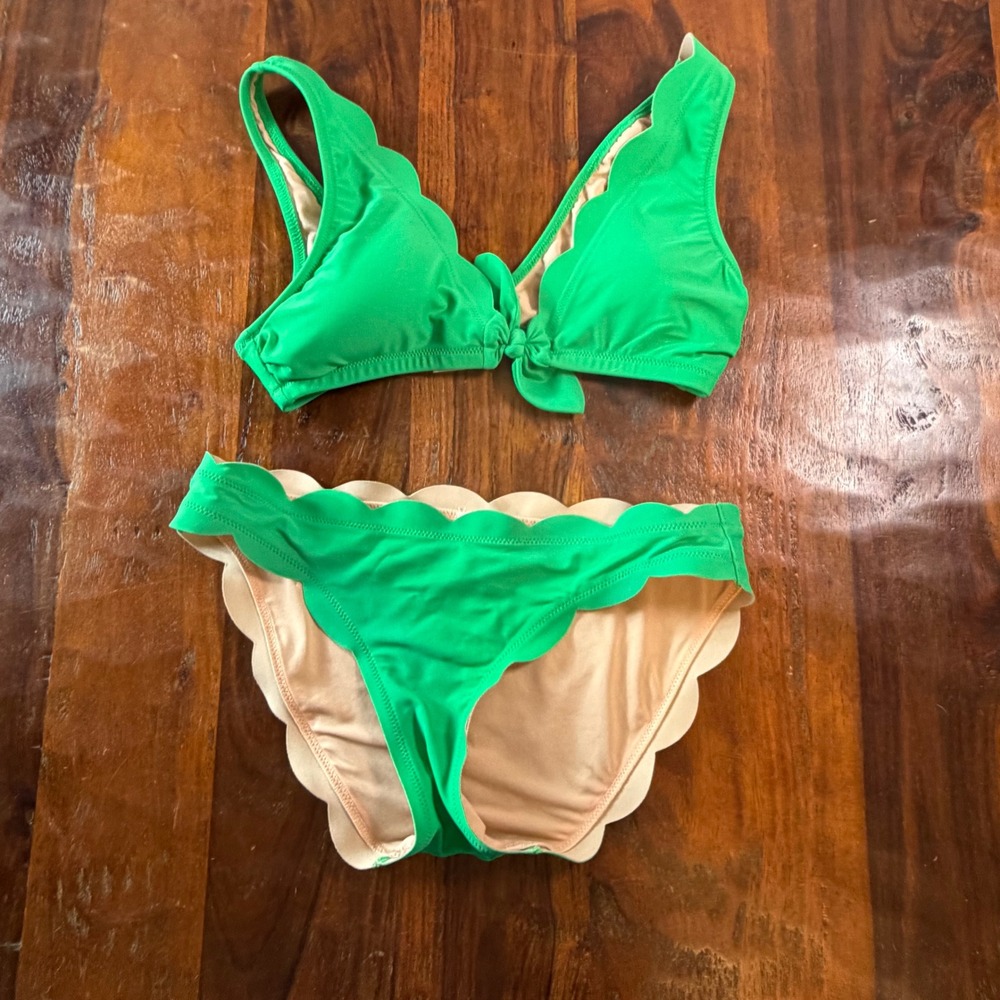 J.Crew Womens Kelly Green Scalloped V-Neck Front Tie Bikini Set XS